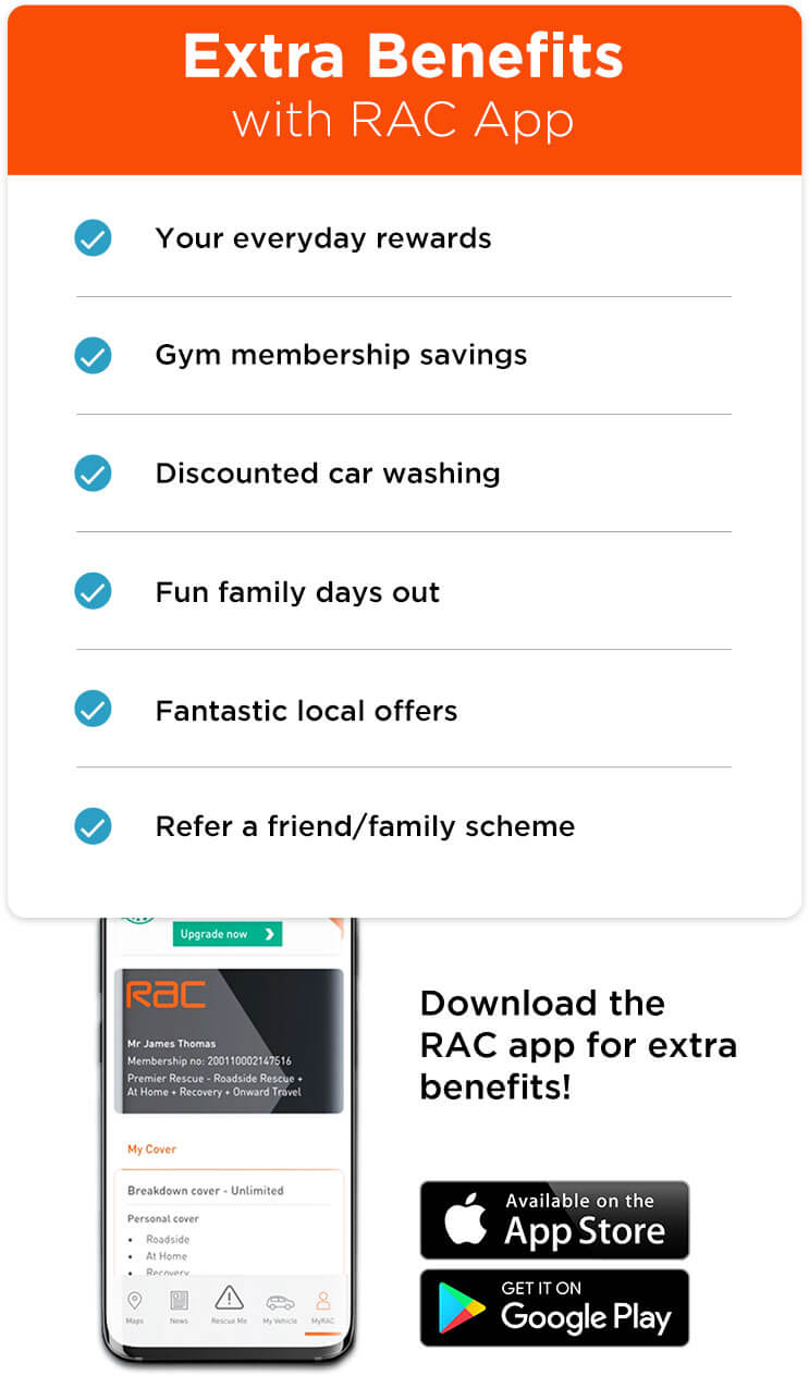 Extra Benefits with RAC app. Your everyday rewards. Gym membership savings. Discounted car washing. Fun family days out. Fantastic local offers. Refer a friend/family scheme.
