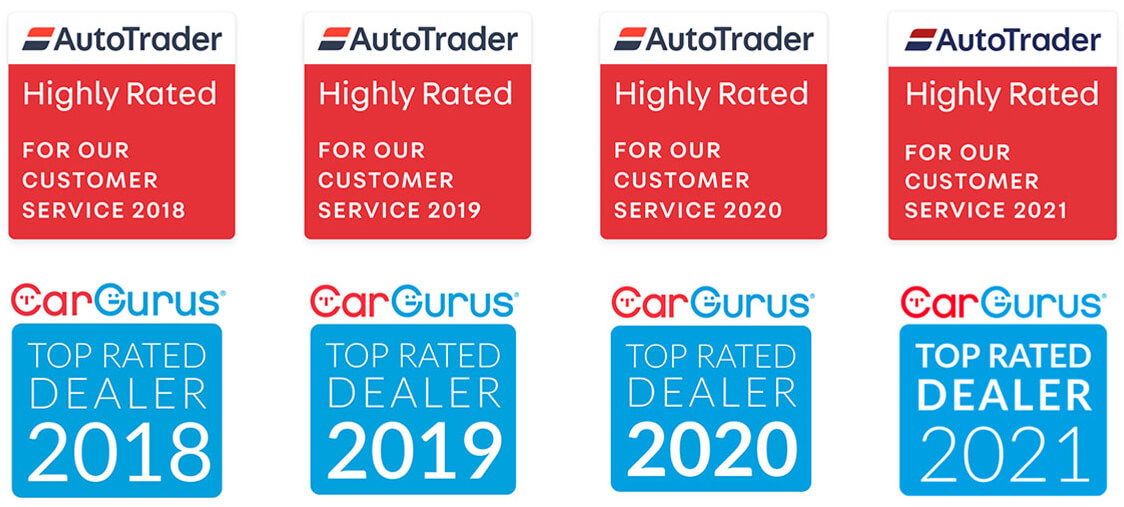 Autotrader highly rated for customer service 2018, 2019, 2020, 2021. Cargurus top rated dealer 2018, 2019, 2020, 2021